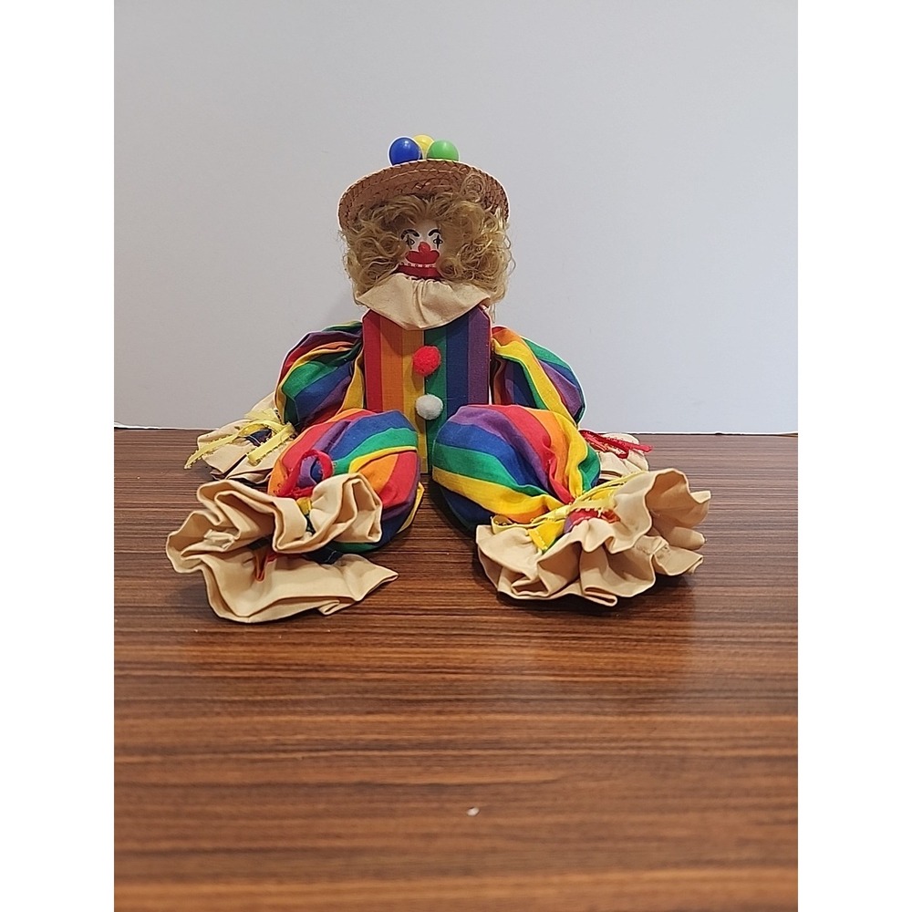 Vtg Birthday Party Clown 14" Doll Toy Rainbow Block‎ Base Shelf Sitter Handmade